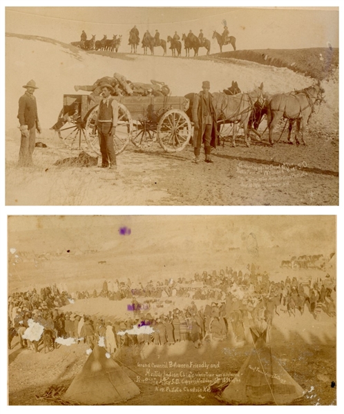 Two Original Wounded Knee Photographs From 1890 and 1891, Shortly After the Massacre -- One Grisly Photograph Shows the Dead Being Hauled Away in a Wagon